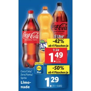 Coca Cola 2L Flasche um je 1,29 € statt 2,59 € ab 4 Stück mit Lidl Plus App