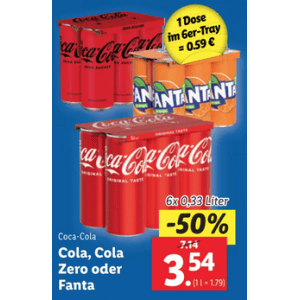 Coca Cola Dose um je 0,59 € statt 1,19 € ab 6 Stück bei Lidl