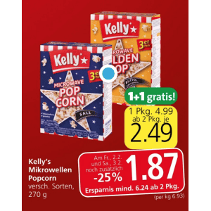 Kelly’s Mikrowellen Popcorn um je 1,87 € statt 4,99 € ab 2 Stück (1+1) bei Spar