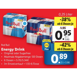 Lidl – Red Bull (div. Sorten ab 6 Dosen) um 0,89 € statt 1,55 € mit Lidl Plus App