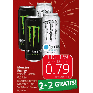 Monster Energy Dose um je 0,79 € statt 1,59 € ab 4 Stück bei Spar