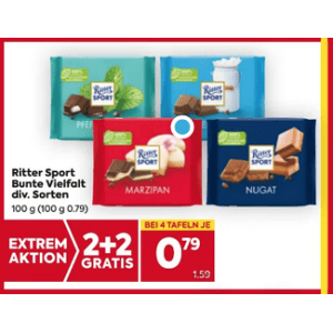 Ritter Sport Schokolade 100g um je 0,79 € statt 1,59 € ab 4 Stück (2+2) bei Billa