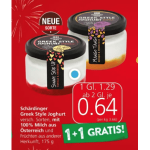 Schärdinger Greek Style Joghurt um je 0,64 € statt 1,29 € ab 2 Stück (1+1) bei Spar