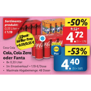 Coca Cola Dose um je 0,55 € statt 1,19 € ab 8 Stück mit Lidl Plus App