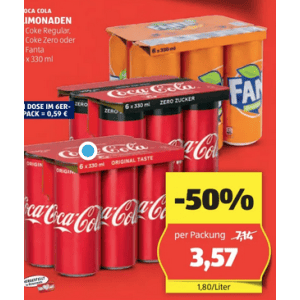 Coca Cola Dose um je 0,59 € statt 1,19 € ab 6 Stück bei Hofer