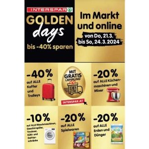 Interspar Golden Days – zB.: 40% Rabatt auf Koffer & Trolleys, 20% Rabatt auf Spielwaren, uvm … (gratis Versand ab 50€)