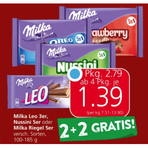Milka Schokoriegel um je 1,39 € statt 2,79 € ab 4 Stück (2+2) bei Spar