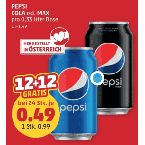 Pepsi Cola oder Pepsi Max Dose um je 0,49 € statt 0,99 € ab 24 Stück bei Penny