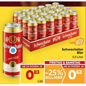 Schwechater Bier Dose um je 0,62 € statt 1,25 € ab 24 Stück bei Billa & Billa Plus