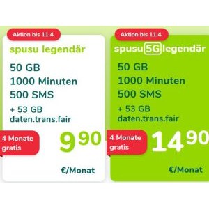 Spusu “legendär” / Spusu “5G legendär” – 4 Monate kostenlos testen (bis zu 59,60 € sparen)