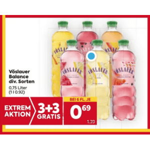 Vöslauer Balance 0,75 L Flasche um je 0,69 € statt 1,39 € ab 6 Stück bei Billa