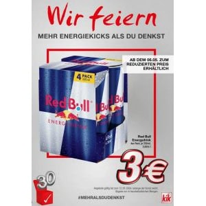 4x Red Bull Classic 0,25L um 3 € (= 0,75 € je Dose) bei Kik – ab 6. Mai
