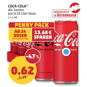 Coca Cola Dose um je 0,62 € statt 1,19 € ab 24 Stück bei Penny