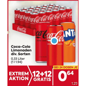 Coca Cola Dose um je 0,64 € statt 1,29 € ab 24 Stück bei Billa & Billa Plus