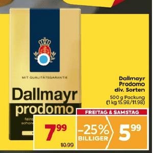 Dallmayr Prodomo Kaffee um 5,99 € statt 10,99 € bei Billa