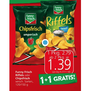 Funny Frisch Riffels oder Chipsfrisch um je 1,39 € statt 2,79 € ab 2 Stück (1+1) bei Spar