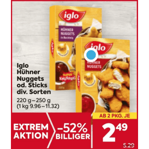 Iglo Hühner Nuggets / Sticks um je 2,49 € statt 4,99 € (1+1 Aktion) bei Billa