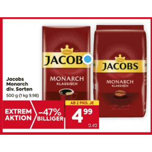 Jacobs Monarch Kaffee um je 4,99 € statt 9,49 € ab 2 Stück bei Billa
