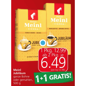 Julius Meinl Jubiläum Kaffee um je 6,49 € statt 12,99 € ab 2 Stück (1+1) bei Spar