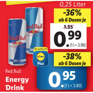 Lidl – Red Bull (div. Sorten ab 6 Dosen) um 0,95 € statt 1,55 € mit Lidl Plus App