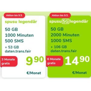 Spusu “legendär” 3 Monate gratis oder  Spusu “5G legendär” 6 Monate gratis testen (bis zu 59,60 € sparen)