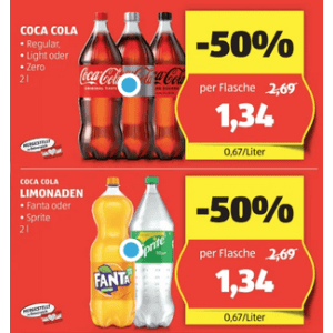 Coca Cola 2 Liter Flasche um je 1,34 € statt 2,69 € ab 4 Stück bei Hofer