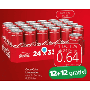 Coca Cola Dose um je 0,64 € statt 1,29 € ab 24 Stück bei Spar
