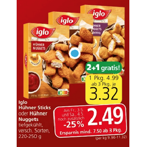 Iglo Hühner Nuggets / Sticks um je 2,49 € statt 4,99 € bei Spar