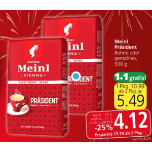 Julius Meinl Präsident Kaffee um je 4,12 € statt 10,99 € ab 2 Stück (1+1) bei Spar