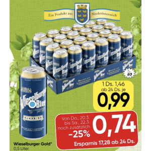 Wieselburger Dose um je 0,74 € statt 1,49 € ab 24 Stück bei Spar