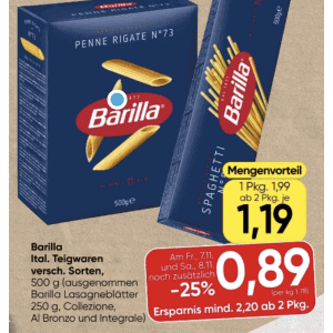 Barilla Teigwaren um je 0,89 € statt 1,99 € ab 2 Stück bei Spar