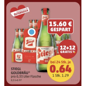 Stiegl Bier Flasche um je 0,64 € statt 1,29 € ab 24 Stück bei Penny