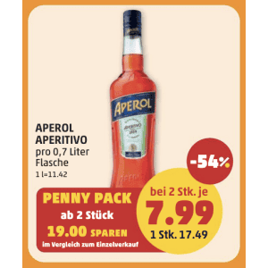 Aperol 0,7 Liter Flasche um 7,99 € statt 17,49 € ab 2 Stück bei Penny