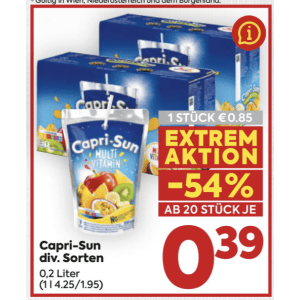 Capri Sun Beutel um je 0,39 € statt 0,85 € ab 10 Stück bei Billa