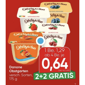 Danone Obstgarten um je 0,64 € statt 1,29 € ab 4 Stück (2+2) bei Spar
