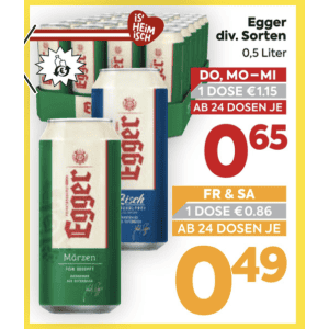 Egger Bier Dose um je 0,49 € statt 1,15 € ab 24 Stück bei Billa