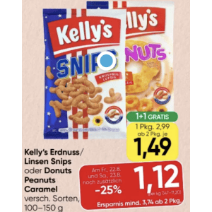 Kelly’s Snips (div. Sorten) oder Donuts um je 1,12 € statt 2,99 € ab 2 Stück (1+1) bei Spar