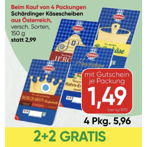 Schärdinger Käsescheiben um je 1,49 € statt 2,99 € ab 4 Stück (2+2) bei Spar