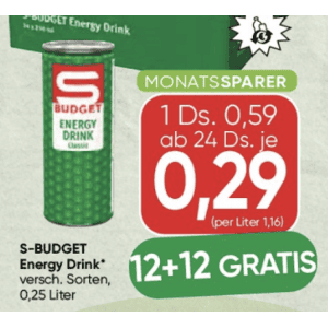 Spar: S-Budget Energy Drink für 29 Cent pro Dose im 24er Tray