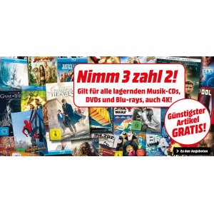 Media Markt – “Nimm 3 zahl 2” auf Musik-CDs / DVDs / Blu-rays (auch 4K)